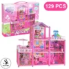 Holiday Villa Three Story Pink 129 pcs Doll House For Kids Girls Gift DIY Assembled Game Set For Kids - Size Approx. 24 inches