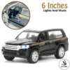 Toyota Land Cruiser V8 Front Doors Open and Lights and Music Simulation Luxury SUV Model Car - Pull Back Alloy Metal Diecasts Off-road Vehicle Birthday Gift for Boy Children 1:32 Scale - Size Approx. 6 Inches - Black